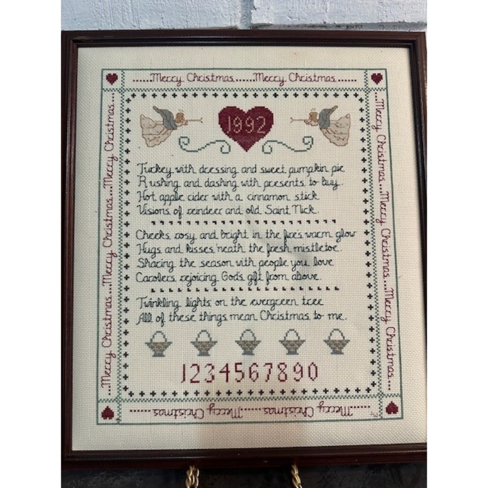 Vintage 1992 Hand Stitched Christmas Sampler Framed Cross Stitch Holiday Decor